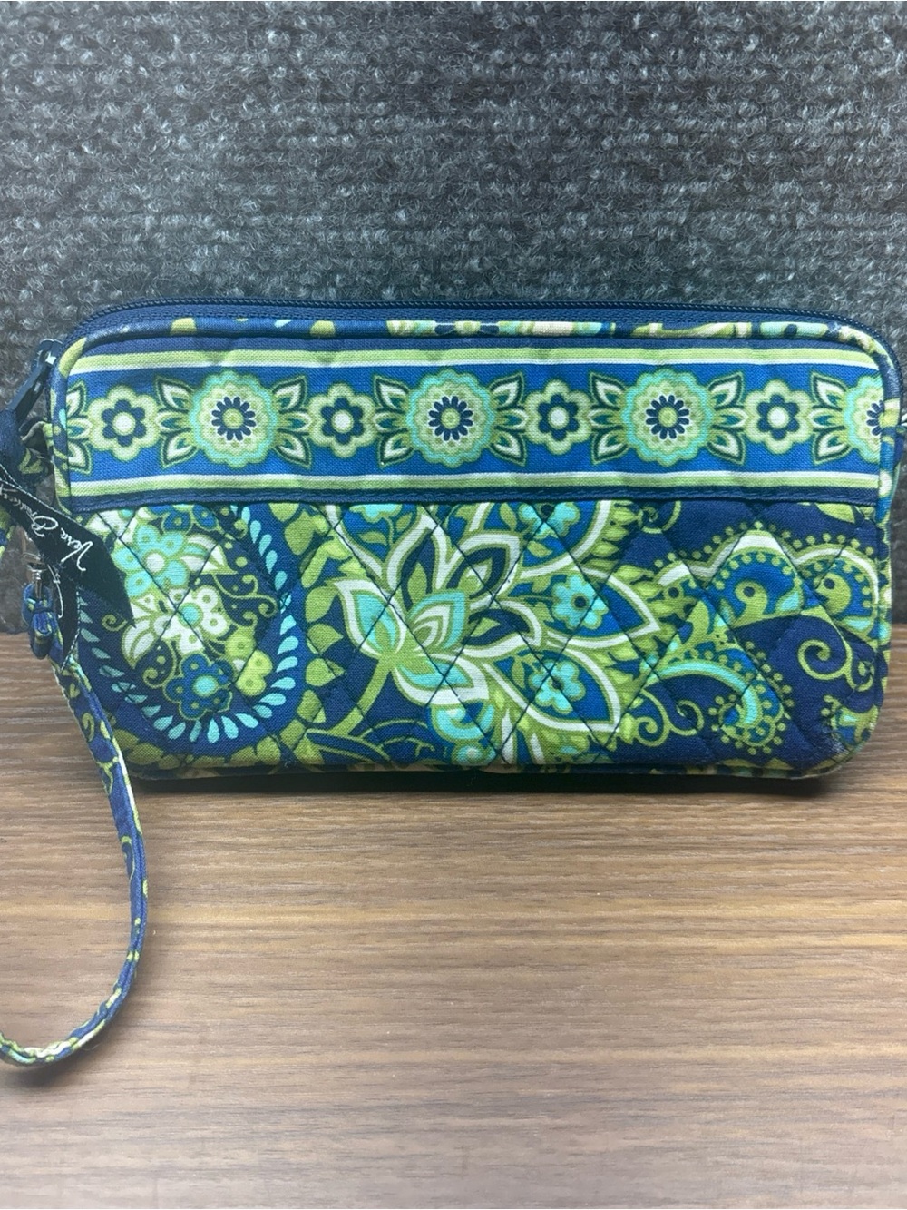 Vera Bradley Green & Navy Quilted Wristlet with Floral Paisley Print